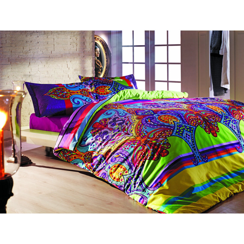 Ensemble de housse de couette 100% coton fuchsia / vert / jaune Luanne, Housse de couette double + 2 taies d'oreiller 24 p