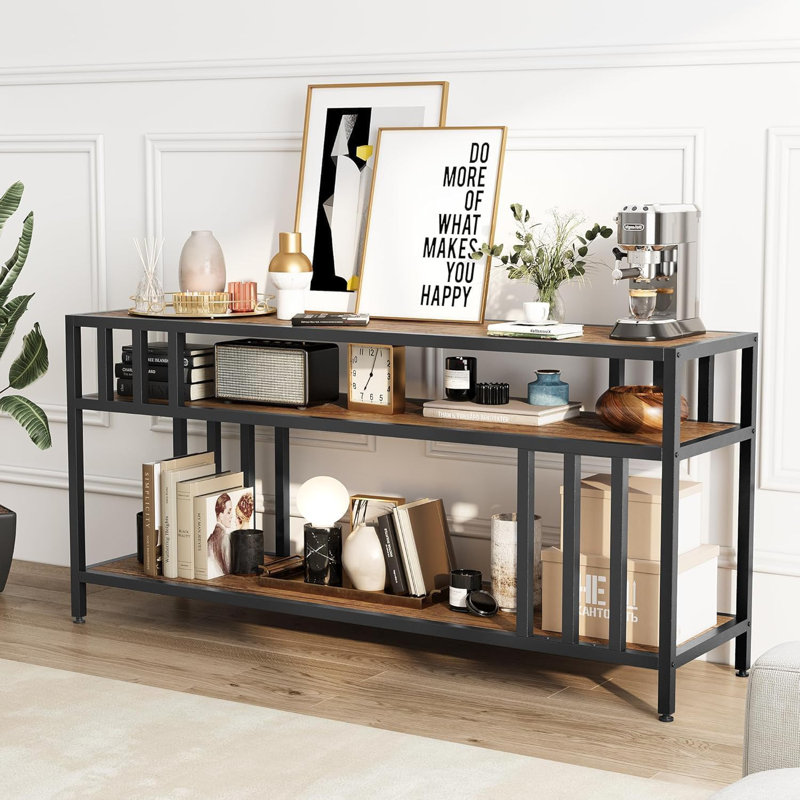 58" TV Stand for TVs up to 65", Entertainment Center with 3-Tier Open Shelves & Metal Frame, Brown