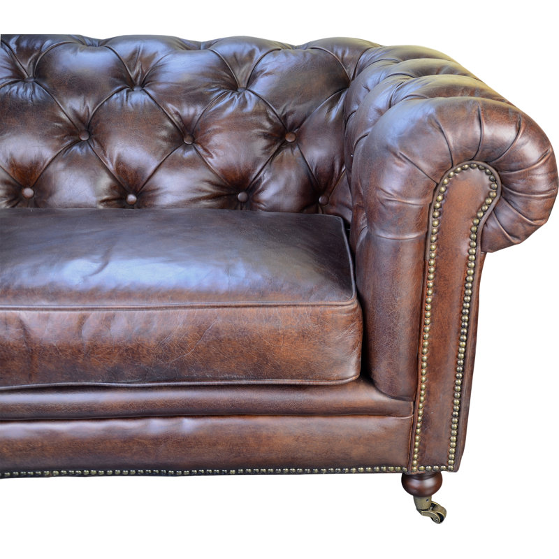 87" Genuine Leather Rolled Arm Chesterfield Sofa with Reversible Cushions, Brown Genuine Leather