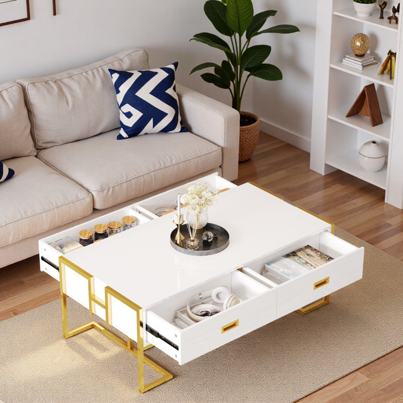 Table basse moderne moderne avec 4 tiroirs et base dorée, Blanc