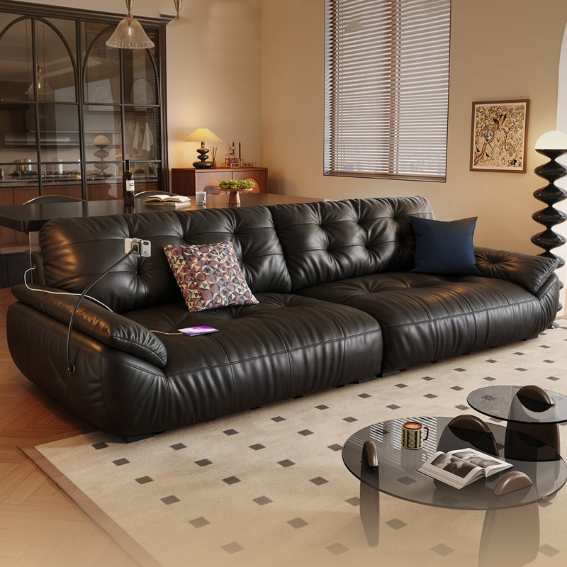 Canapé modulaire noir en cuir véritable