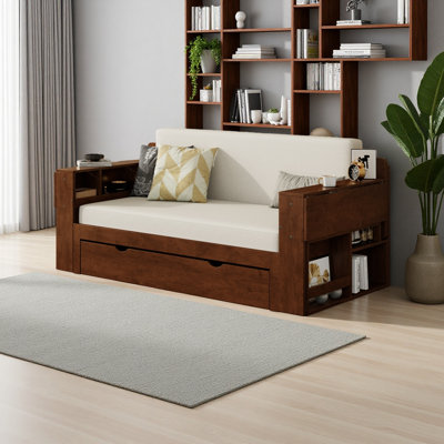 Lit de jour avec bureau amovible, tiroirs de rangement et table d'appoint hydraulique
