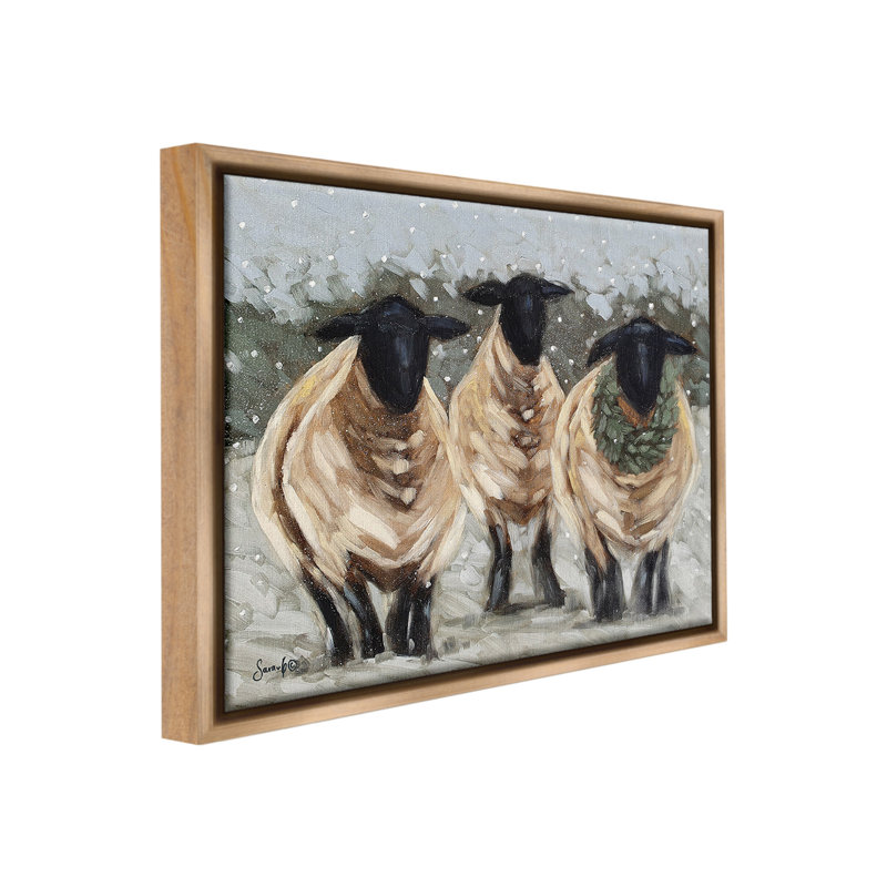 "Sheep In Winter Scene Floater Frame" par Sara G. Designs sur toile, Cadre flottant orme Montalcino, H 25 po x l 31 po