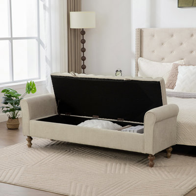 Banc de rangement rembourré de 65,55 po de largeur, tabouret de pied en tissu avec accoudoirs roulés, banc de repos avec pieds en bois d'hévéa pour salon, vestibule, dortoir, chambre à coucher