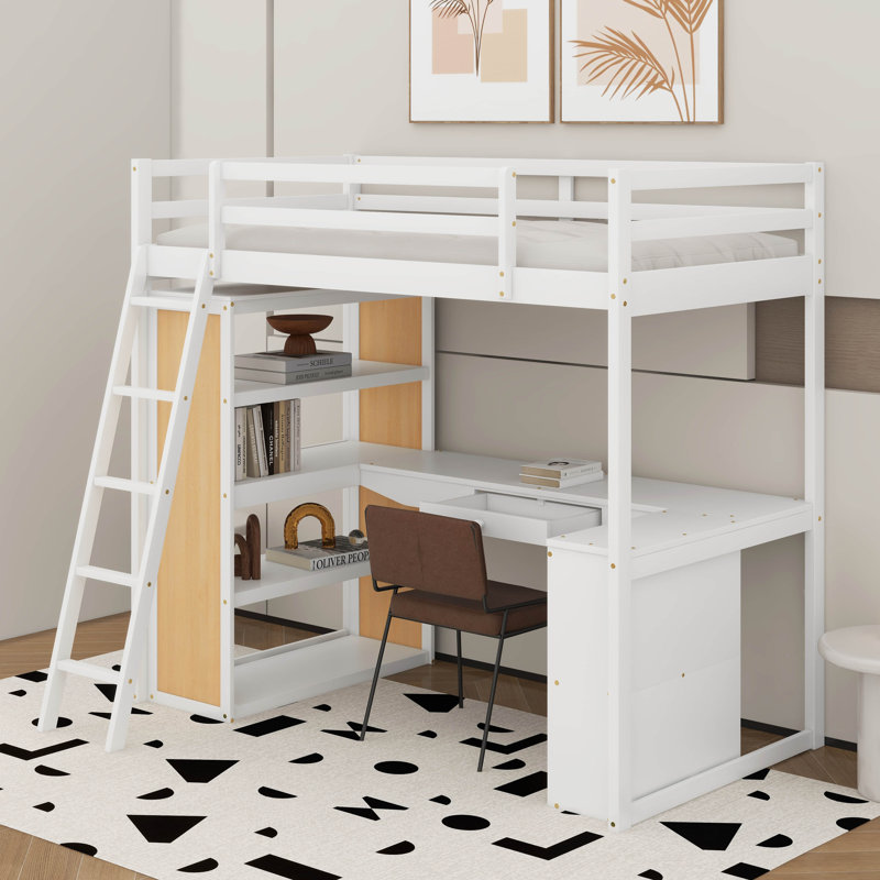 Lit mezzanine simple avec échelle, tablettes et bureau