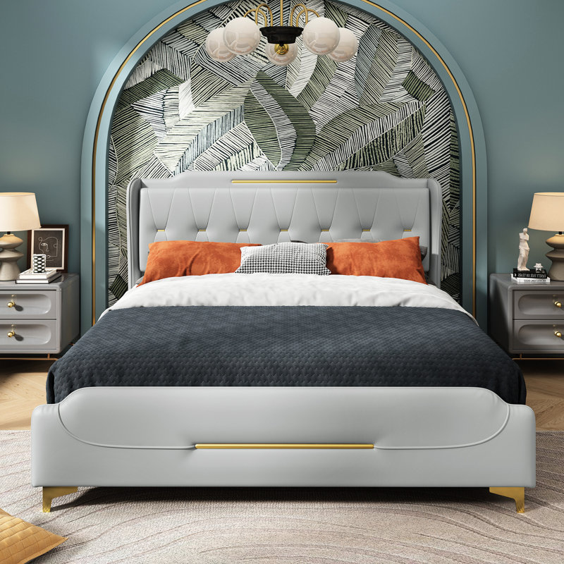 King Size Bed Frame In Grey With Pu Leather Upholstery, Wingback Headboard, , Gold Metal Decoration, 800 Lbs Weight Limit, And Accents, Main Color, No Box Spring, Easy To Install