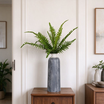 30" Realistic Artificial Green Boston Fern Sprays, Faux Fern Greenery Stems in Ceramic Vase, Farmhouse Home Décor