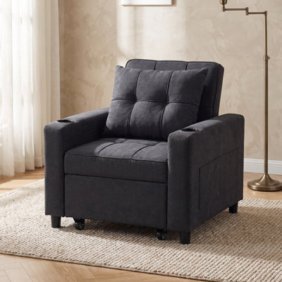 3-in-1 Single Sofa Bed, Pull-Out Sleeper Chair Bed, 95x190cm Black Faux Linen, 3-Position Backrest