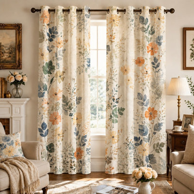 Ensemble de 2 rideaux occultants à imprimé floral, style bohème, parfaits pour un salon ou une chambre à coucher de style champêtre. Motifs botaniques et floraux, œillets décoratifs et économes en énergie.