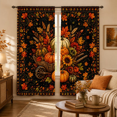 2Pcs Autumn Harvest Pumpkin Cart Curtains, Vintage Fall Floral Leaf Print Light Filtering For Living Room Bedroom Kitchen Rod Pocket Window Drapes, home decor