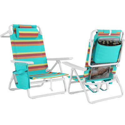 Wide 25" Low Backpack Beach Chair With 5 Position Lay Flat & Metal Handle, PVC-coated polyester Folding Beach Chair For Adults With Cooler Pouch, Storage Bag, Towel Bar, Foot Mat, For Camping, 350lbs(set Of 2, Orange-yellow And Turquoise Stripes)