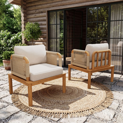 Outdoor Acacia Wood Club Chair with Cushions(Set of 2）