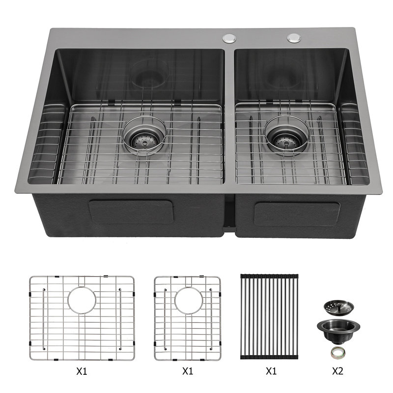 Évier de cuisine à double cuve à montage sur plan - Évier de cuisine à double cuve en bronze industriel noir de calibre 16 avec deux cuves profondes de 10 po (60/40 po) 33 po x 22 po