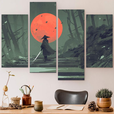 Japanese " Samurai Standing On Stairway In Night Forest With The Red Moon Extra Large " 4 - Pieces