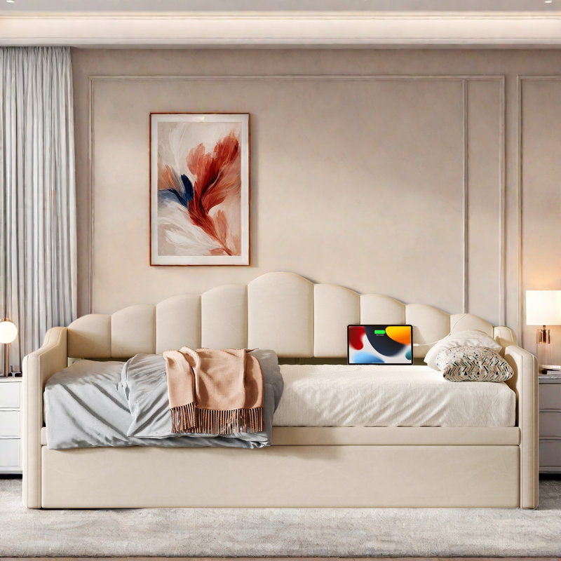 Upholstered Daybed With Pop Up Trundle, Charging Ports, 2 Side Pockets And Curved Backrest Design, Beige