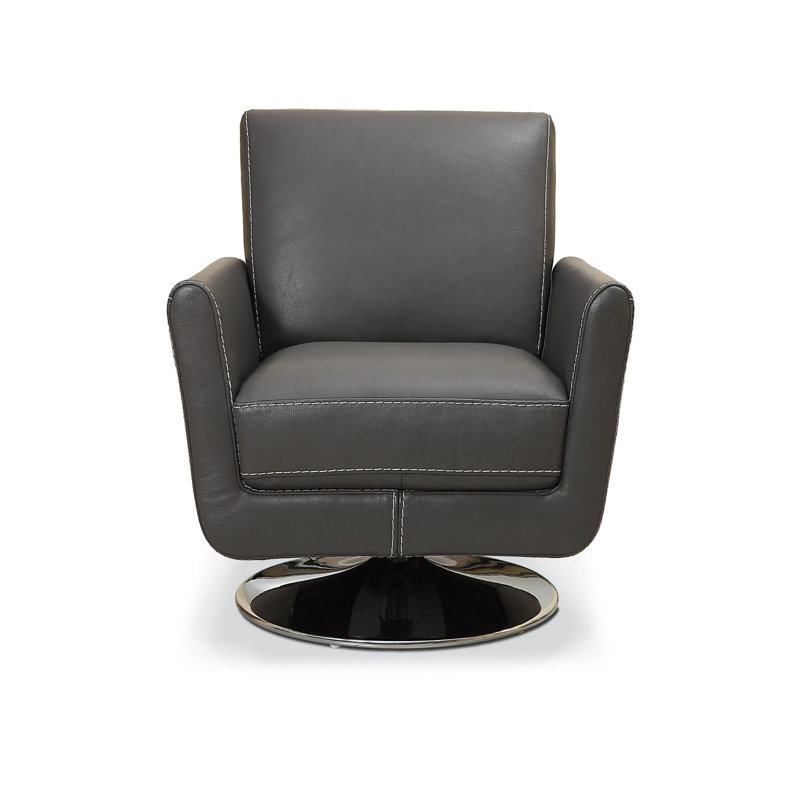 Fauteuil pivotant en cuir pleine fleur de 35 po de large Aita, Cuir véritable gris foncé