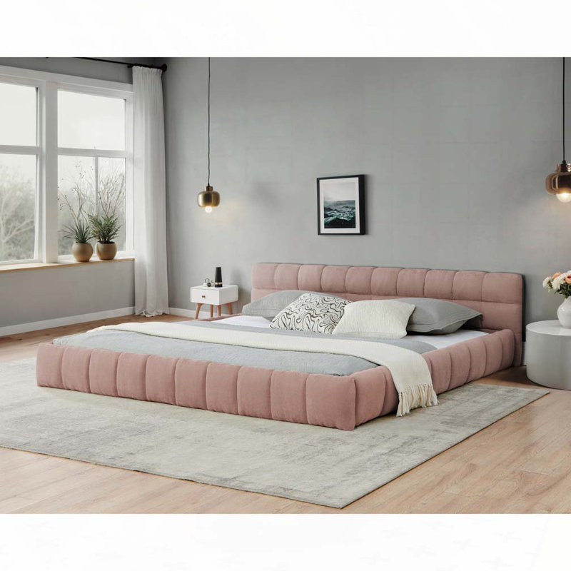 Structure de lit tapissier en chenille avec tissu épais, avec tête de lit et structure solide, Rose