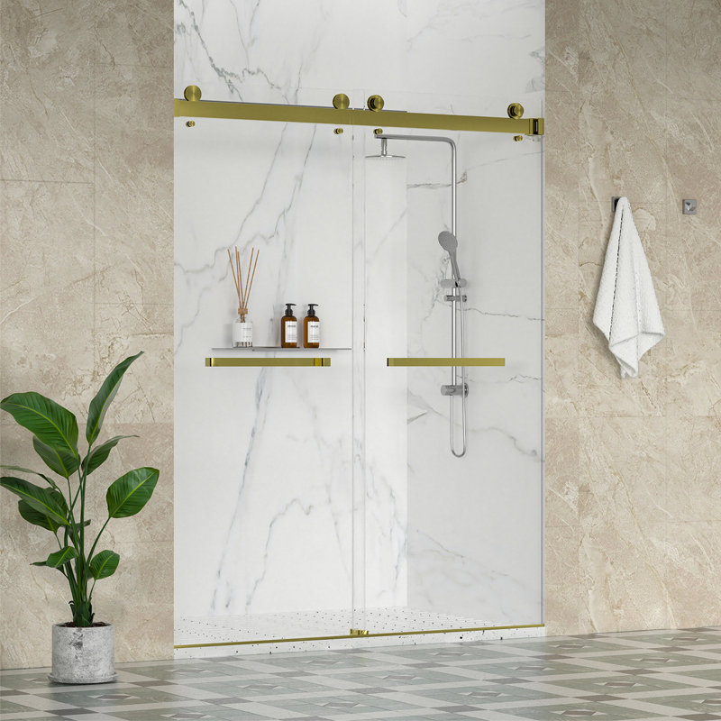 Catalyst 43"- 49" W x 76" H Double Sliding Frameless Shower Door in Brushed Gold with 3/8" Clear Glass, Gold