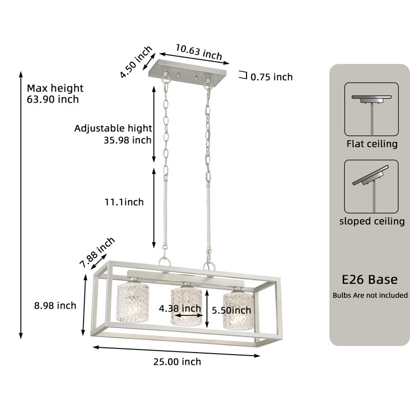 3 - Light Kitchen Island Rectangle Chandelier, Nickel Dust