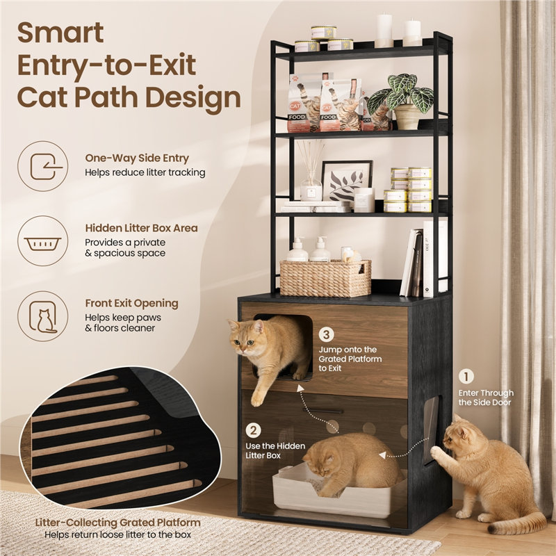 Enclosed Litter Box Enclosure, Black/Walnut