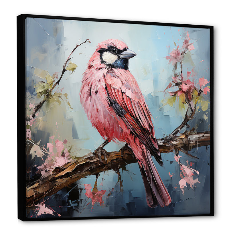«Blue and Pink Bird Floral Tree», art mural oiseau, H 16 po x l 16 po x P 1 po, Cadre flottant noir