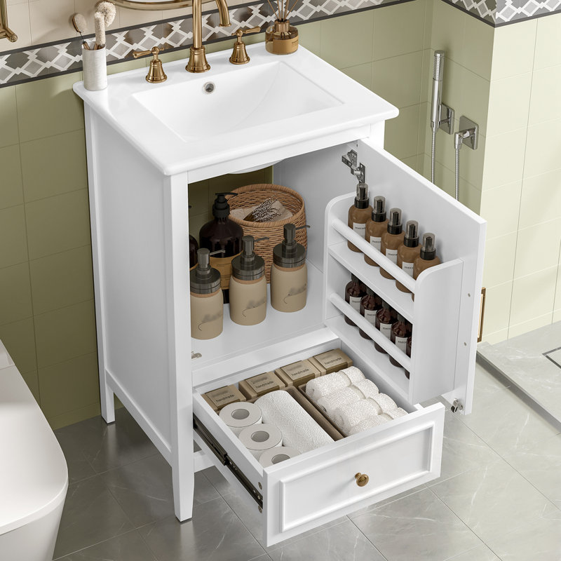Meuble-lavabo de salle de bain avec lavabo, tablette de porte et tiroir, Blanc