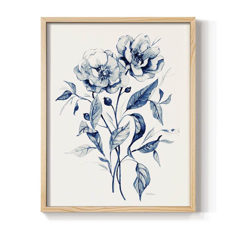 Indigo Wild Roses I Framed Print - Solid Wood, Natural, 11" H x 9" W