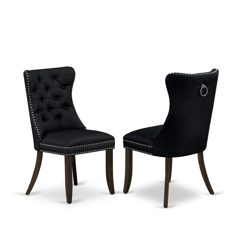 Dallas Parson Dining Room Chairs - Button Tufted Nailhead Black Polyester Fabric Upholstered Chairs, Set of 2, Antique Walnut