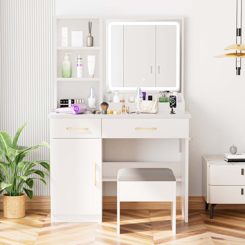 Meuble-lavabo de 32 po de largeur avec miroir éclairé et prise de courant, coiffeuse avec grand espace de rangement et tabouret rembourré pour chambre à coucher et studio