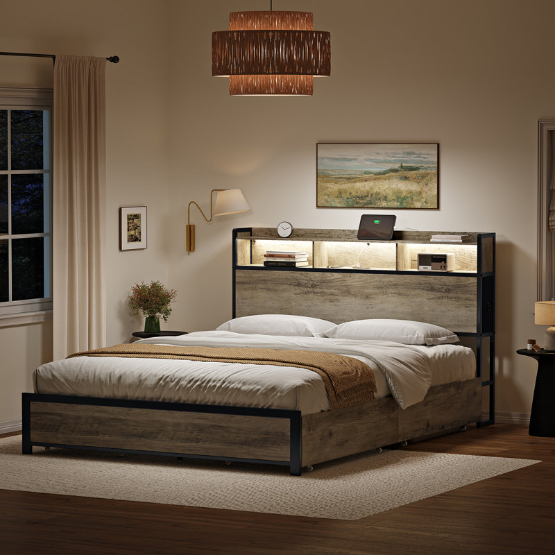Lit double Livia avec 2 tiroirs sous le lit, lit plateforme moderne avec station de recharge et éclairage DEL, tête de lit avec rangement, 2 tiroirs de chevet et étagères ouvertes, gris