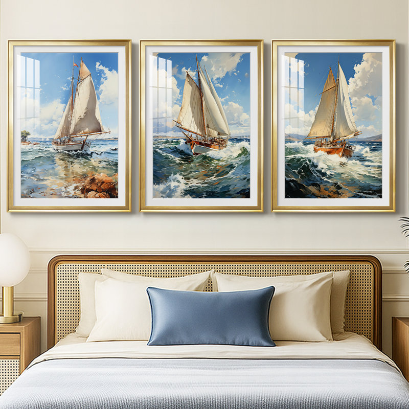 NAUTICAL Series CCSCXXV - Impression sur mesure encadrée de qualité supérieure - 3 pièces, H 21 po x l 30 po, Doré