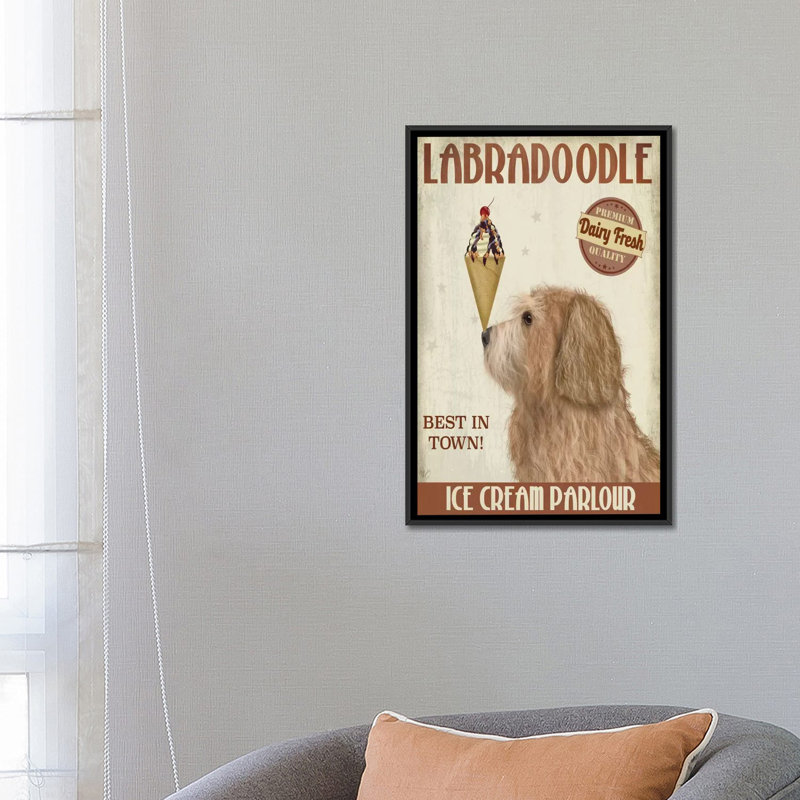 Impression sur toile tendue Fab Funky «Labradoodle Ice Cream», Toile avec cadre noir, H 26 po x l 18 po x P 1,5 po