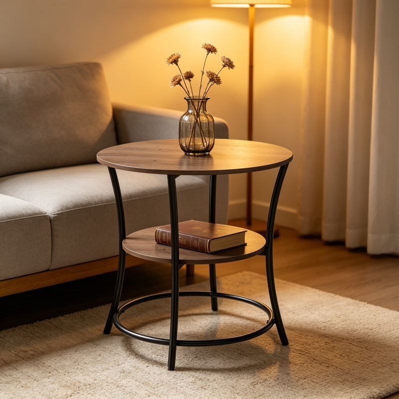 Table de bout ronde avec 2 tablettes de rangement, table d'appoint peu encombrante pour le salon, la chambre à coucher, la table de chevet avec structure en acier et pieds réglables, grège