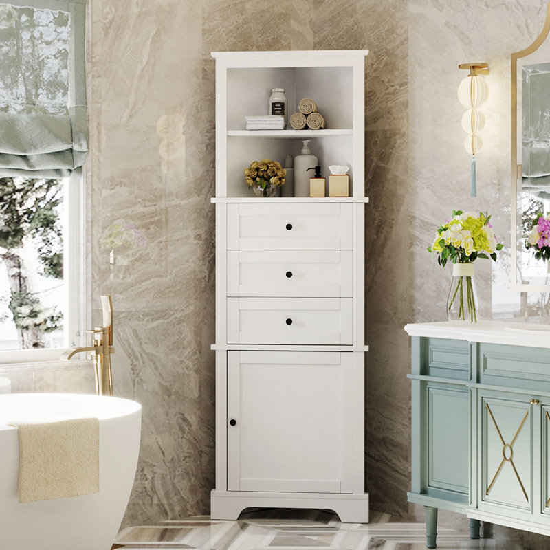 Grande armoire triangulaire blanche avec 3 tiroirs et tablettes réglables