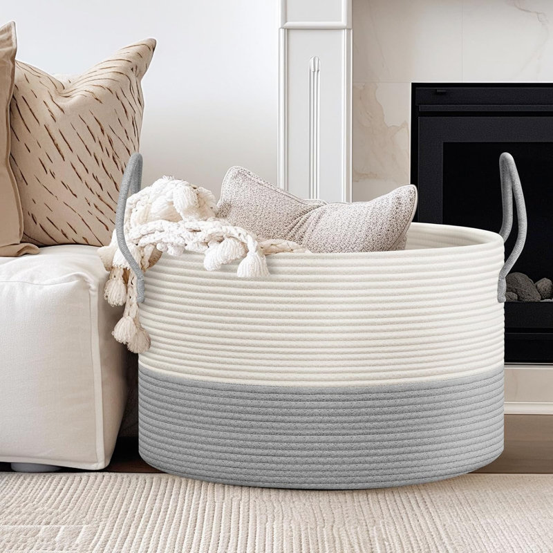 Extra Large Basket for Blankets - 21.7"D X 13.8"H Rope Laundry Basket Toy Baskets Storage Kids, Throw Blanket Baskets, Gray
