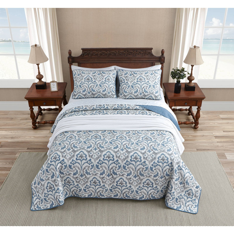 Tommy Bahama Cape Verde Grey Cotton Reversible Quilt Set, Twin Quilt + 1 Standard Sham