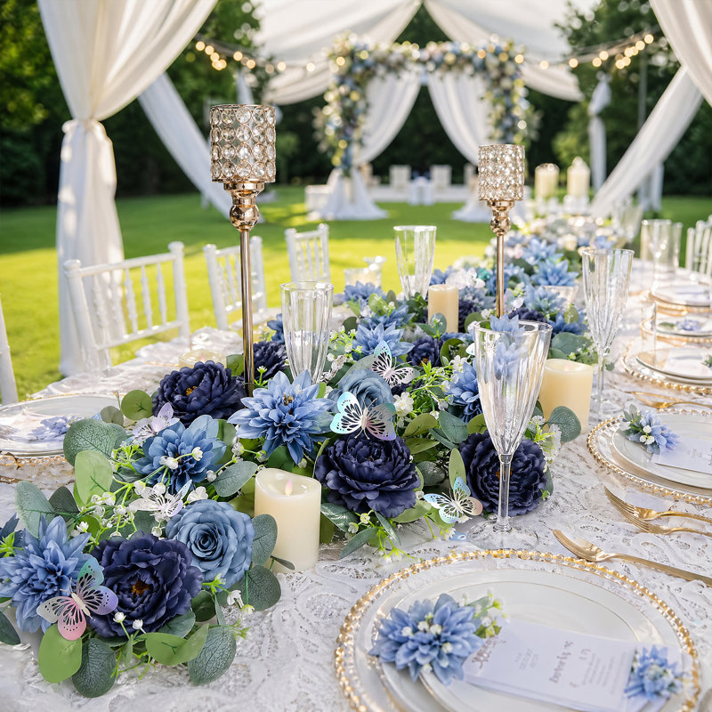 Artificial Eucalyptus & Navy Blue Rose Garland with 3D Silver Butterflies, 2-Pack – 180cm Silk & Plastic Faux Floral Vine for Wedding Arch, Party, Home Decor – Navy Blue