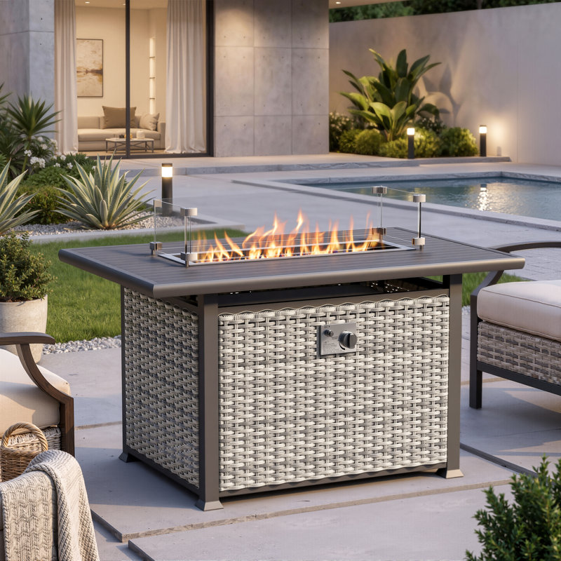 43.3'' Outdoor Propane Fire Pit Table, 55,000 BTU, Aluminum Tabletop & All-Weather HDPE Wicker Base, Includes Tempered Glass Wind Guard