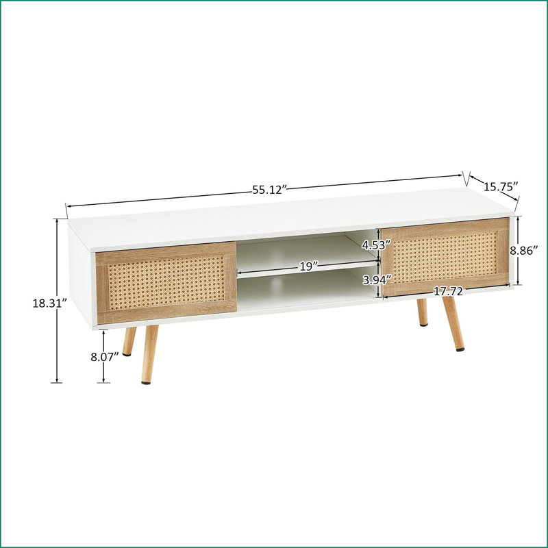 Meuble télé 55,25 po en rotin avec portes coulissantes | Tablette réglable | Blanc | Bois massif et panneau de fibres à densité moyenne