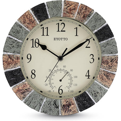 10" Waterproof Wall Clock with Thermometer, Silent Battery Operated Bathroom Clock for Indoor Outdoor Spaces
