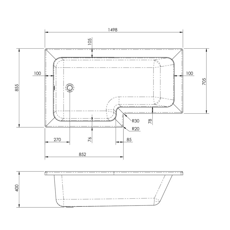 1500mm x 850mm Soaking Acrylic Bathtub, Left Hand