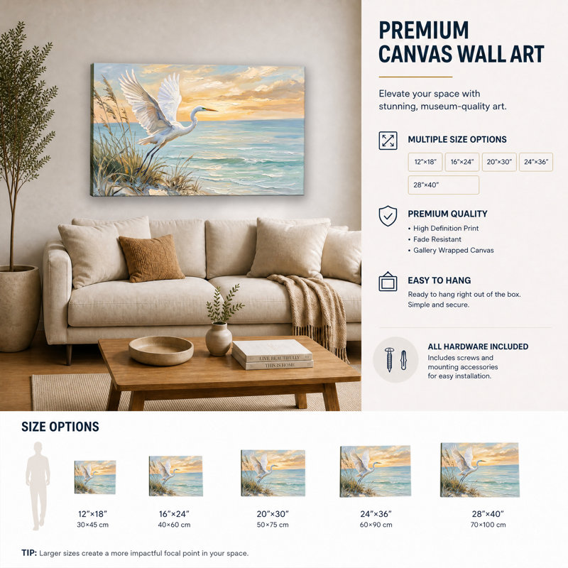 Tableau sur toile représentant une aigrette volante sur la plage au coucher du soleil, peinture à l'huile sur l'herbe marine, décoration murale
