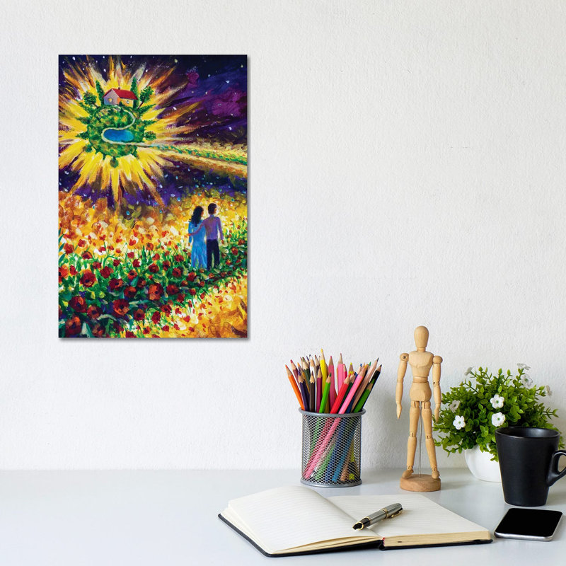 Couple In Love Walk Flower Road In Cosmos To Dream by Valery Rybakow - Wrapped Canvas Painting, 20.32 cm H x 30.48 cm W