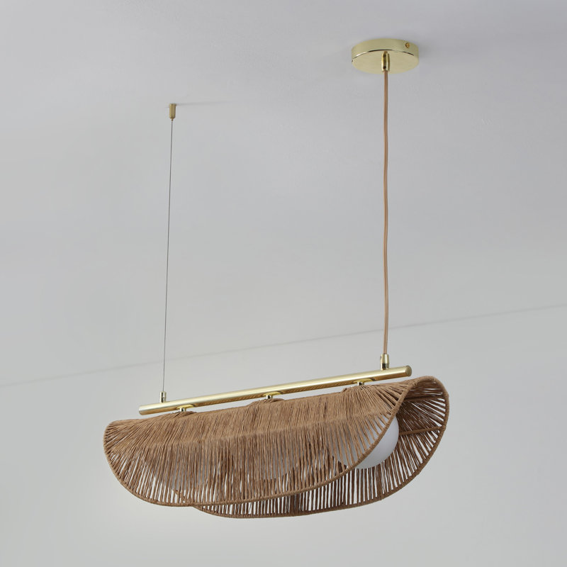 Sovev 27.5 in. Brass Bohemian Pendant Light with Rattan and Glass Shades
