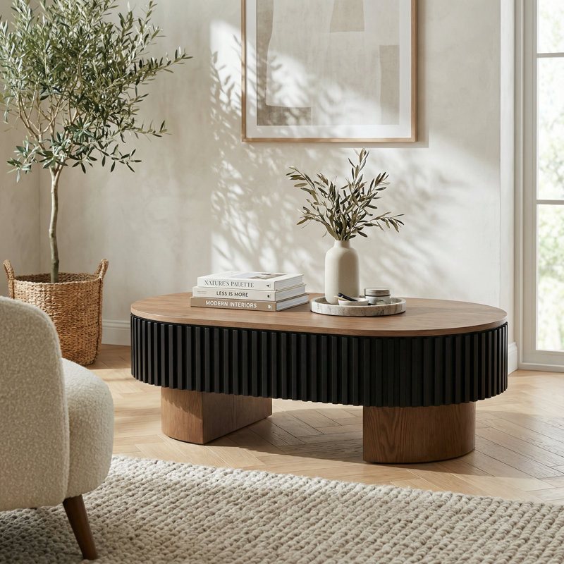 Table basse elliptique moderne avec espace de rangement dissimulé et couvercle amovible en placage de bois massif pour le salon, la chambre à coucher, un appartement ou un bureau