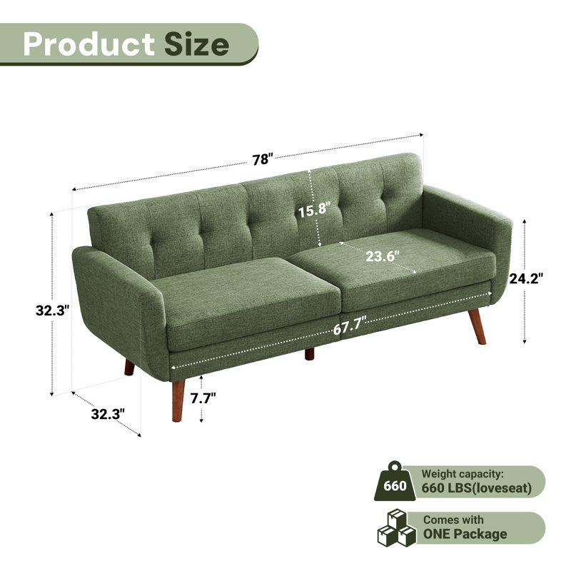 Delanie Cattaleya 78" Mid Century Modern Square Arms Linen Upholstered Sofa, Green