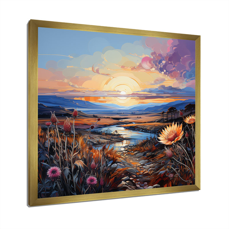 «Thistle Flower Field Sunset I», reproduction sur toile, Cadre doré simple, H 36 po x l 36 po x P 1,5 po