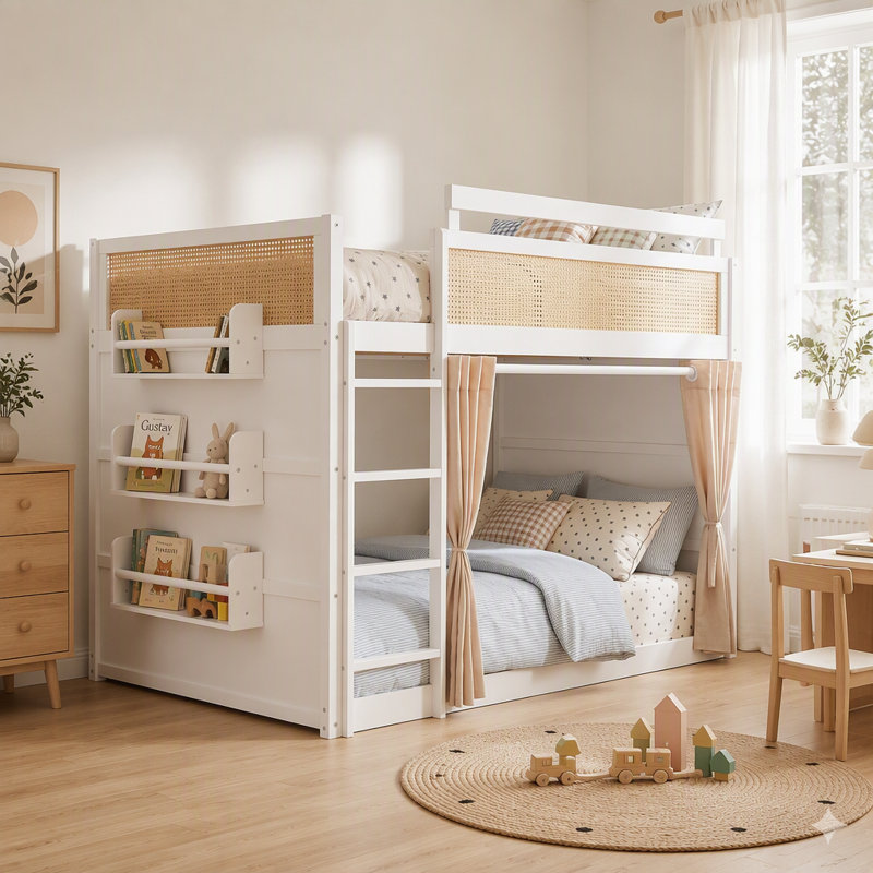 Structure de lit superposé double en bois avec rideaux de rangement, blanc, Blanc, Double