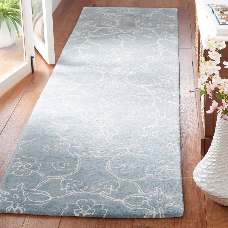 Tapis floral en laine fabriqué à la main bleu / ivoire, Tapis de couloir 2 pi 3 po x 9 pi