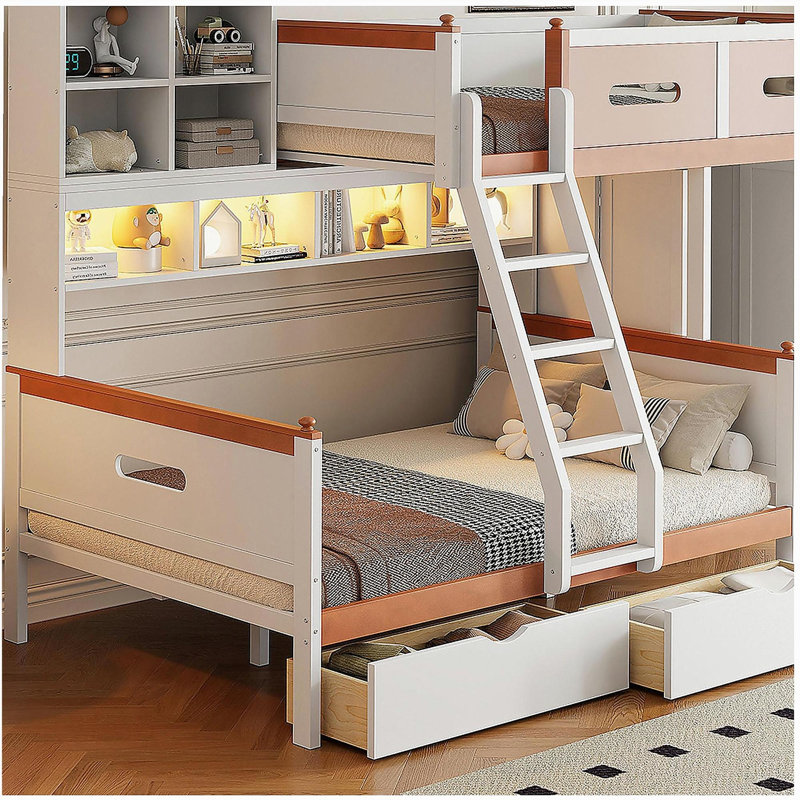 Lit superposé simple au-dessus d'un lit double en bois avec garde-robe, tiroirs, tablettes et lumière DEL (blanc + orange)
